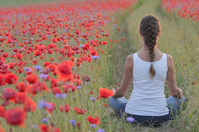 meditation in cornfield with poppies